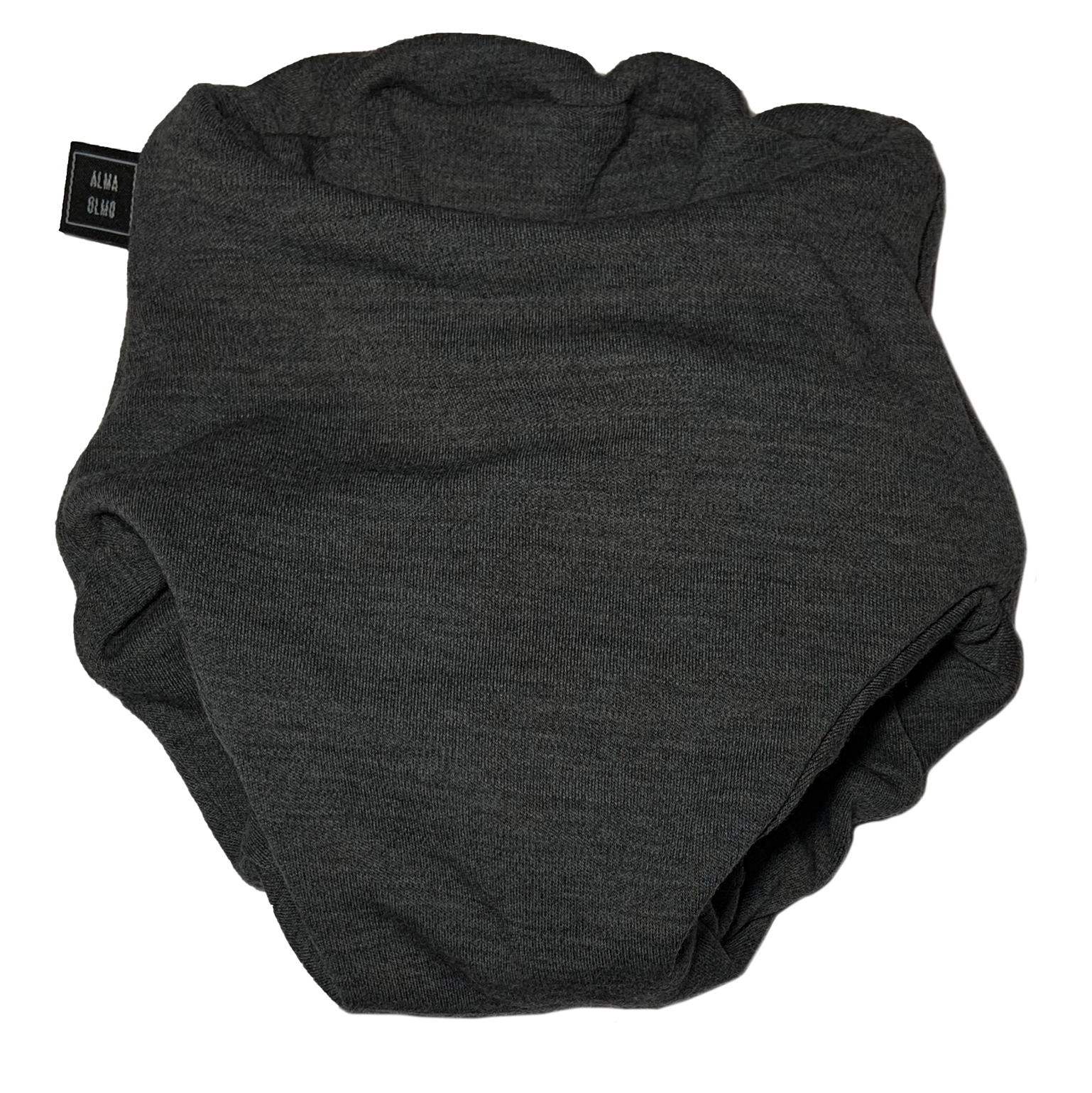 A dark grey cloth nappy viewed from the front